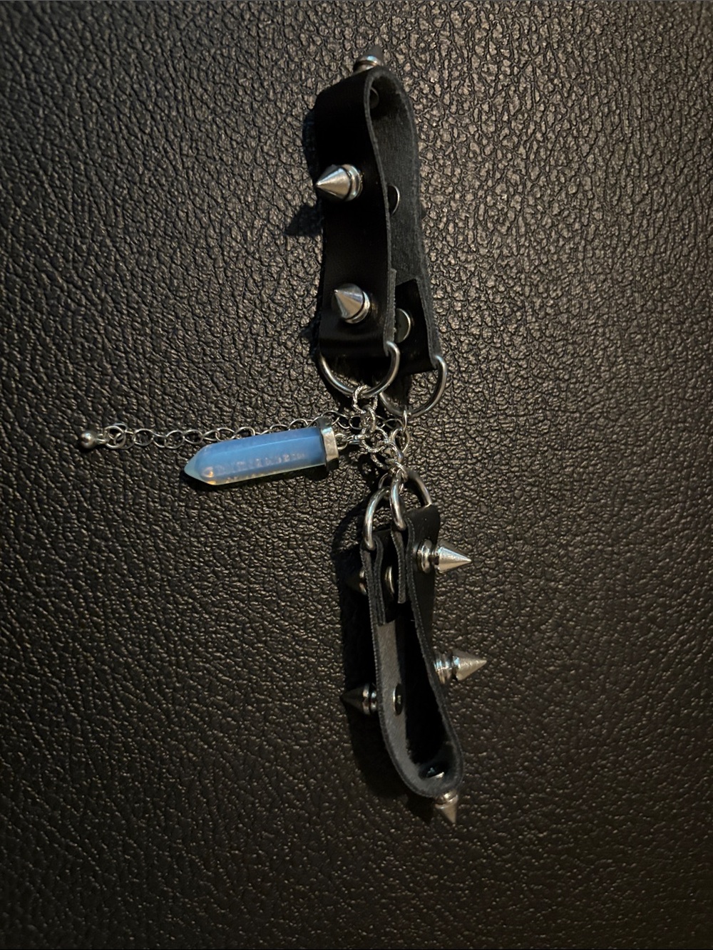 Hot Topic Black Spiked Faux Leather Choker with Blue Opalite Charm